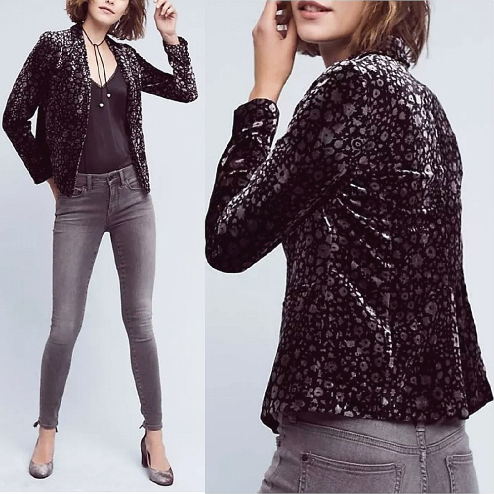 NWOT✨️ Anthropologie Elevenses Velvet Black Silver Grey Blazer Jacket, 2